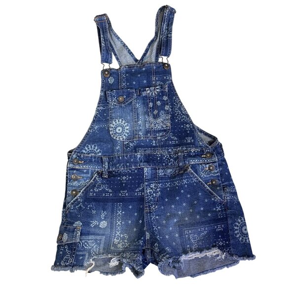 No Boundaries Overalls Womens M Blue Bandana Denim Distressed Shorts - Picture 1 of 13
